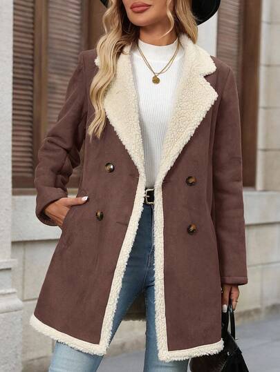 SHEIN Clasi معطف كاجوال عادي بأزرار أمامية وتصميم قطعات ملمس ناعم للنساء في فصلي الخريف والشتاء