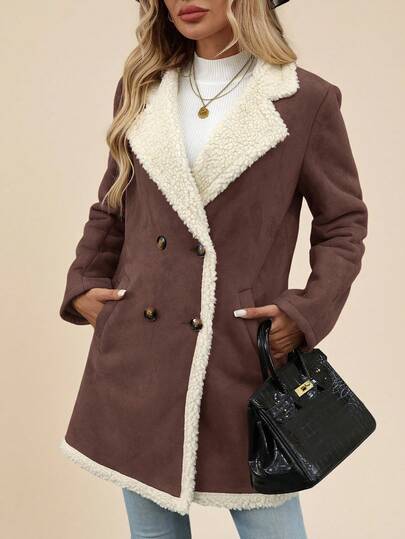 SHEIN Clasi معطف كاجوال عادي بأزرار أمامية وتصميم قطعات ملمس ناعم للنساء في فصلي الخريف والشتاء