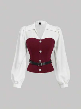 SHEIN MOD ملابس علوية أنيق للنساء باللونين البرغندي والأبيض مع حزام، ملابس علوية نسائي، للنساء في رأس السنة الجديدة، نساء أنيقات، كاجوال للعمل، قمصان للخروج، عيد الميلاد