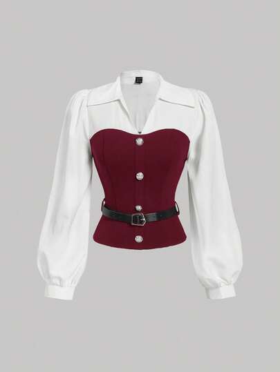 SHEIN MOD ملابس علوية أنيق للنساء باللونين البرغندي والأبيض مع حزام، ملابس علوية نسائي، للنساء في رأس السنة الجديدة، نساء أنيقات، كاجوال للعمل، قمصان للخروج، عيد الميلاد