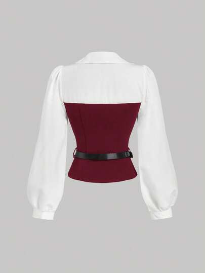 SHEIN MOD ملابس علوية أنيق للنساء باللونين البرغندي والأبيض مع حزام، ملابس علوية نسائي، للنساء في رأس السنة الجديدة، نساء أنيقات، كاجوال للعمل، قمصان للخروج، عيد الميلاد