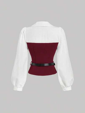 SHEIN MOD ملابس علوية أنيق للنساء باللونين البرغندي والأبيض مع حزام، ملابس علوية نسائي، للنساء في رأس السنة الجديدة، نساء أنيقات، كاجوال للعمل، قمصان للخروج، عيد الميلاد