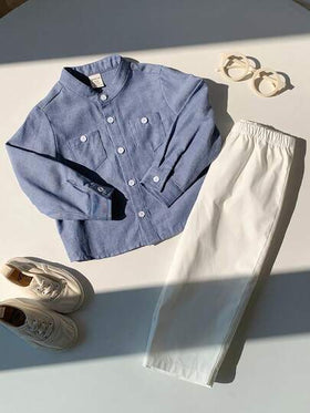SHEIN مجموعة قميص أكمام طويلة وبنطال خصر مطاطي أزرق فاتح للأطفال الرضع، مناسبة لحفلات عيد الميلاد والحفلات المسائية والأعراس وحفلات الأطفال والمناسبات الخاصة، ملابس أطفال رضع 18 شهر