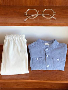 SHEIN مجموعة قميص أكمام طويلة وبنطال خصر مطاطي أزرق فاتح للأطفال الرضع، مناسبة لحفلات عيد الميلاد والحفلات المسائية والأعراس وحفلات الأطفال والمناسبات الخاصة، ملابس أطفال رضع 18 شهر
