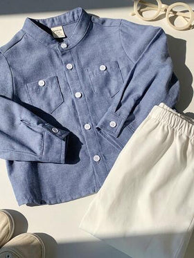 SHEIN مجموعة قميص أكمام طويلة وبنطال خصر مطاطي أزرق فاتح للأطفال الرضع، مناسبة لحفلات عيد الميلاد والحفلات المسائية والأعراس وحفلات الأطفال والمناسبات الخاصة، ملابس أطفال رضع 18 شهر
