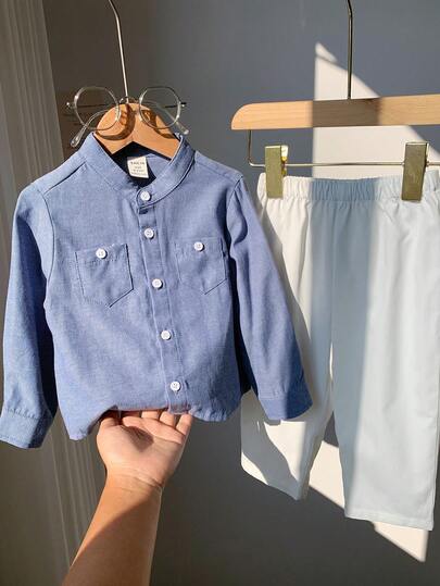 SHEIN مجموعة قميص أكمام طويلة وبنطال خصر مطاطي أزرق فاتح للأطفال الرضع، مناسبة لحفلات عيد الميلاد والحفلات المسائية والأعراس وحفلات الأطفال والمناسبات الخاصة، ملابس أطفال رضع 18 شهر