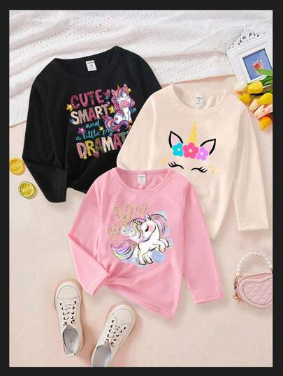 SHEIN 3 قطعة/مجموعة تيشيرتات كاجوال طويلة الأكمام للبنات الصغيرات بطباعة شعارات وصور وحيد القرن، موديلات أساسية مناسبة للخريف والشتاء، تيشيرتات وبلوزات بنمط وحيد القرن للبنات الأطفال