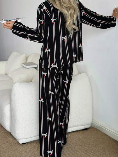 SHEIN بيجامة نسائية طويلة الأكمام مطبوعة بنقشة الكلب الجميل والخطوط، ملابس خريف وشتاء