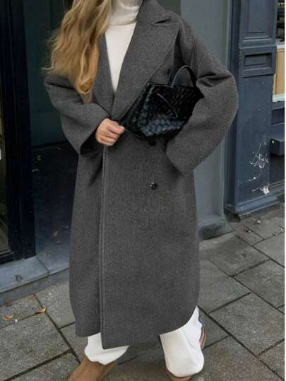 معطف نسائي أنيق طويل بلون واحد، أكمام طويلة، جيب، معطف صوفي، معطف مزدوج الصدر، جاكيت رمادية، مناسب لمناسبات والخريف والشتاء والكريسماس