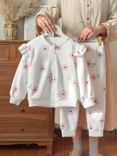 Vintaside Kids طقم جاكيت وبنطلون كاجوال مطبوع مناسب للفتاة في فصل الخريف/الشتاء، بياقة دائرية بتصميم بسيط وكاجوال، مناسب للتخييم والارتداء المنزلي، مريح وعملي لفصل الخريف، وظيفي وأنيق للوقت الحر في الخارج أو المنزل