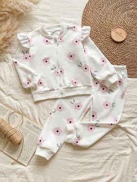 Vintaside Kids طقم جاكيت وبنطلون كاجوال مطبوع مناسب للفتاة في فصل الخريف/الشتاء، بياقة دائرية بتصميم بسيط وكاجوال، مناسب للتخييم والارتداء المنزلي، مريح وعملي لفصل الخريف، وظيفي وأنيق للوقت الحر في الخارج أو المنزل