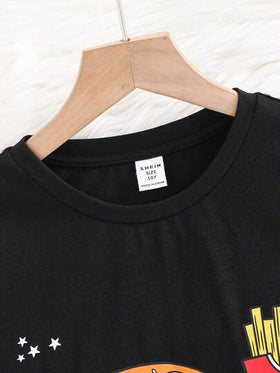 SHEIN طقم بيجامة مكون من قميص كاجوال بياقة مستديرة وأكمام قصيرة وبنطال بيجاما فضفاض مطبوع بنمط البرغر، مناسب للمراهقين 2 قطعة