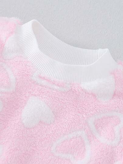 مجموعة بيجاما مكونة من ملابس علوية كم طويل بياقة طاقم وبنطلون، مزينة بطباعة قلب وكرز، لفتاة صغيرة، تصميم بسيط وجميل، قطعتان
