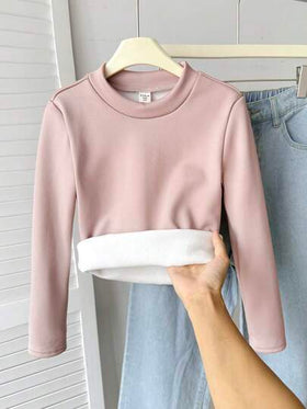 SHEIN قميص تي شيرت طويل الأكمام ذو رقبة عالية مبطن حراريًا للفتيات المراهقات، قطعة ناعمة ومريحة متعددة الاستخدامات، بلوزة ضيقة باللون الوردي للمراهقات