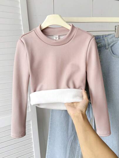 SHEIN قميص تي شيرت طويل الأكمام ذو رقبة عالية مبطن حراريًا للفتيات المراهقات، قطعة ناعمة ومريحة متعددة الاستخدامات، بلوزة ضيقة باللون الوردي للمراهقات