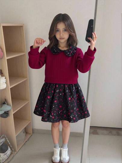 SHEIN Elladie kids ثوبان في واحد لفتاة صغيرة بياقة بيتر بان، تصميم مزيج فني للطرز الزهرية المتضاربة