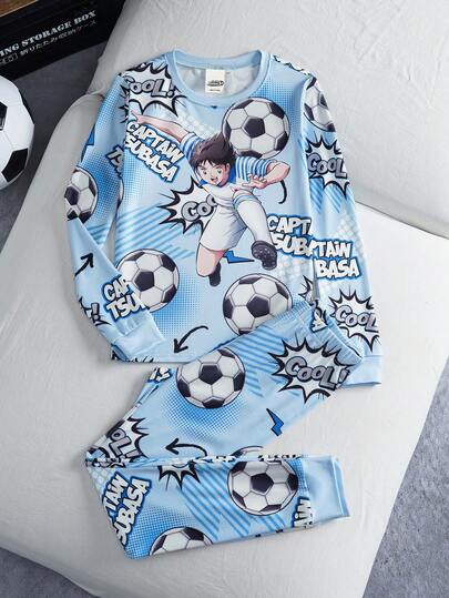Captain Tsubasa X SHEIN طقم بيجامة مكون من ملابس علوية وبنطلون مطبوع عليهما حرف جرافيتي وكرة قدم بتصميم ملائم للمراهقين، مصنوع من قماش مرن للغاية، مناسب للخريف والشتاء