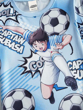 Captain Tsubasa X SHEIN طقم بيجامة مكون من ملابس علوية وبنطلون مطبوع عليهما حرف جرافيتي وكرة قدم بتصميم ملائم للمراهقين، مصنوع من قماش مرن للغاية، مناسب للخريف والشتاء