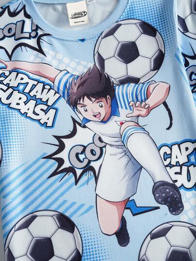 Captain Tsubasa X SHEIN طقم بيجامة مكون من ملابس علوية وبنطلون مطبوع عليهما حرف جرافيتي وكرة قدم بتصميم ملائم للمراهقين، مصنوع من قماش مرن للغاية، مناسب للخريف والشتاء