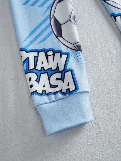 Captain Tsubasa X SHEIN طقم بيجامة مكون من ملابس علوية وبنطلون مطبوع عليهما حرف جرافيتي وكرة قدم بتصميم ملائم للمراهقين، مصنوع من قماش مرن للغاية، مناسب للخريف والشتاء