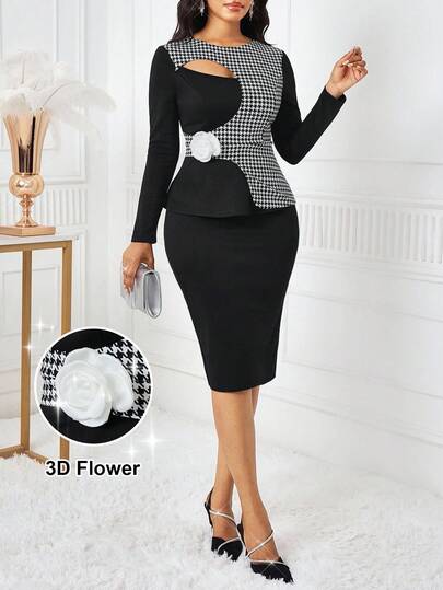 SHEIN Lady بدلة أنيقة مكونة من ملابس علوية طويلة الأكمام بتصميم مفرغ من الهندسة المربعة وتنورة قلم