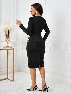 SHEIN Lady بدلة أنيقة مكونة من ملابس علوية طويلة الأكمام بتصميم مفرغ من الهندسة المربعة وتنورة قلم
