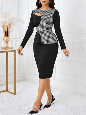 SHEIN Lady بدلة أنيقة مكونة من ملابس علوية طويلة الأكمام بتصميم مفرغ من الهندسة المربعة وتنورة قلم