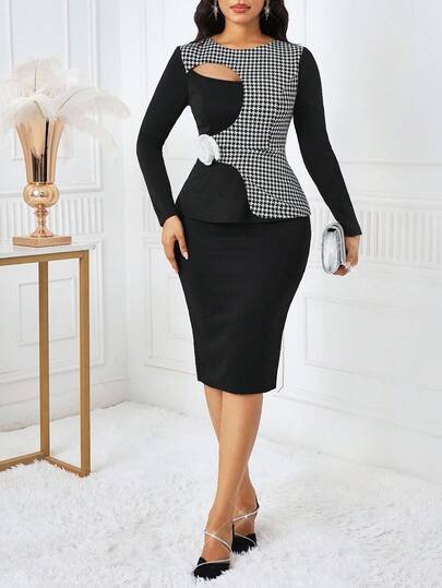 SHEIN Lady بدلة أنيقة مكونة من ملابس علوية طويلة الأكمام بتصميم مفرغ من الهندسة المربعة وتنورة قلم