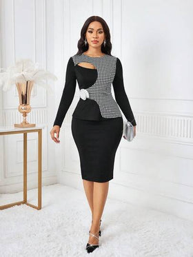 SHEIN Lady بدلة أنيقة مكونة من ملابس علوية طويلة الأكمام بتصميم مفرغ من الهندسة المربعة وتنورة قلم