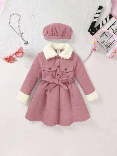 مجموعة فستان وقبعة كاجوال للبنات الرضع ذات أكمام طويلة وياقة من الفرو، مناسبة للربيع والخريف والشتاء، فستان قطعة واحدة مع ياقة وأزرار وخصر للفتيات الصغيرات، فستان أنيق من الكوردروي مناسب للأعمار من 0 إلى 3 سنوات، من 6 إلى 9 أشهر، للاستخدام اليومي والحفلات