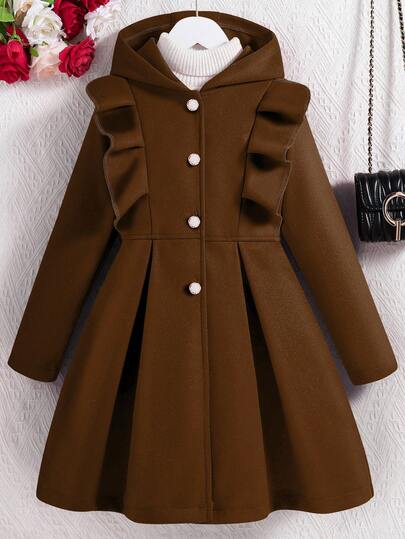 SHEIN معطف كاجوال ذو قلنسوة وأكمام طويلة مع تريم كشكش أحمر للفتيات المراهقات