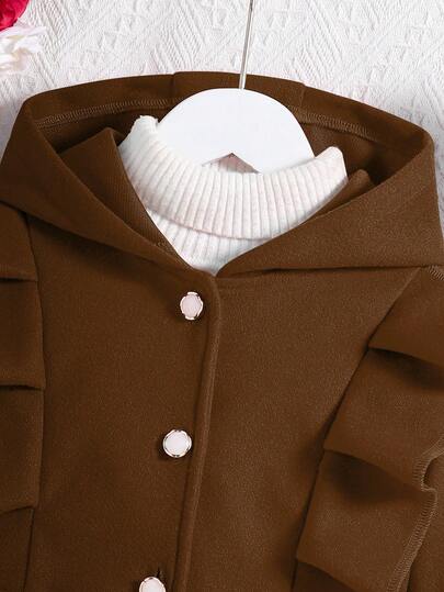 SHEIN معطف كاجوال ذو قلنسوة وأكمام طويلة مع تريم كشكش أحمر للفتيات المراهقات