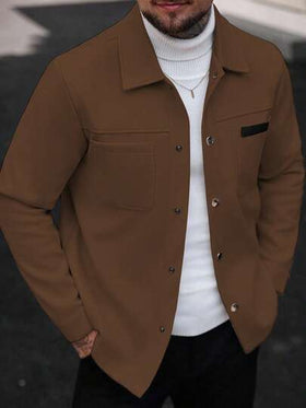 Manfinity CasualCool معطف طويل الأكمام بلون أحادي للرجال، مناسب للخريف والشتاء، لون بني للرجال معطف بني كاجوال