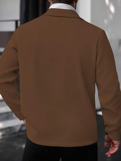Manfinity CasualCool معطف طويل الأكمام بلون أحادي للرجال، مناسب للخريف والشتاء، لون بني للرجال معطف بني كاجوال
