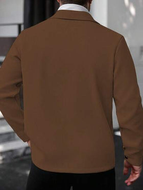 Manfinity CasualCool معطف طويل الأكمام بلون أحادي للرجال، مناسب للخريف والشتاء، لون بني للرجال معطف بني كاجوال