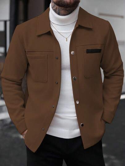 Manfinity CasualCool معطف طويل الأكمام بلون أحادي للرجال، مناسب للخريف والشتاء، لون بني للرجال معطف بني كاجوال