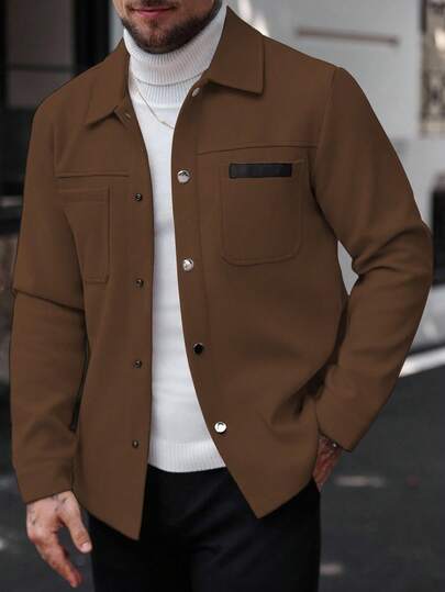 Manfinity CasualCool معطف طويل الأكمام بلون أحادي للرجال، مناسب للخريف والشتاء، لون بني للرجال معطف بني كاجوال