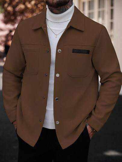 Manfinity CasualCool معطف طويل الأكمام بلون أحادي للرجال، مناسب للخريف والشتاء، لون بني للرجال معطف بني كاجوال