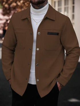 Manfinity CasualCool معطف طويل الأكمام بلون أحادي للرجال، مناسب للخريف والشتاء، لون بني للرجال معطف بني كاجوال