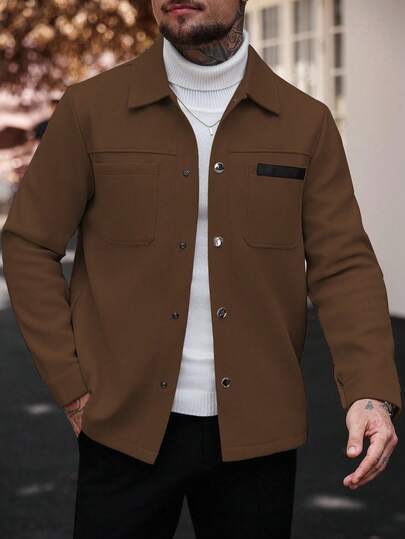 Manfinity CasualCool معطف طويل الأكمام بلون أحادي للرجال، مناسب للخريف والشتاء، لون بني للرجال معطف بني كاجوال