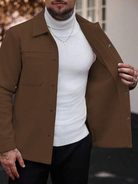 Manfinity CasualCool معطف طويل الأكمام بلون أحادي للرجال، مناسب للخريف والشتاء، لون بني للرجال معطف بني كاجوال
