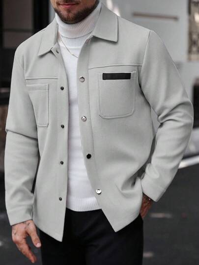 Manfinity CasualCool معطف طويل كاجوال بأكمام طويلة بلون سادة، مناسب للخريف والشتاء، معطف صيفي للرجال، معطف بأزرار رمادي اللون