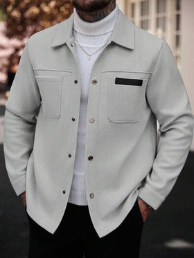 Manfinity CasualCool معطف طويل كاجوال بأكمام طويلة بلون سادة، مناسب للخريف والشتاء، معطف صيفي للرجال، معطف بأزرار رمادي اللون