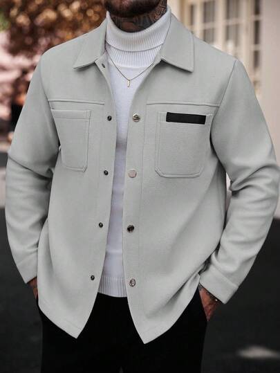 Manfinity CasualCool معطف طويل كاجوال بأكمام طويلة بلون سادة، مناسب للخريف والشتاء، معطف صيفي للرجال، معطف بأزرار رمادي اللون