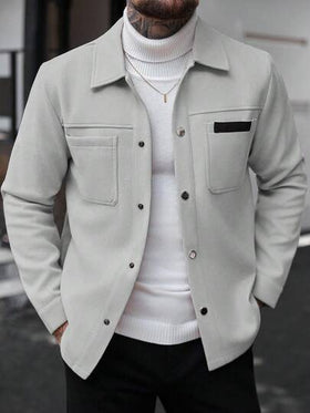 Manfinity CasualCool معطف طويل كاجوال بأكمام طويلة بلون سادة، مناسب للخريف والشتاء، معطف صيفي للرجال، معطف بأزرار رمادي اللون
