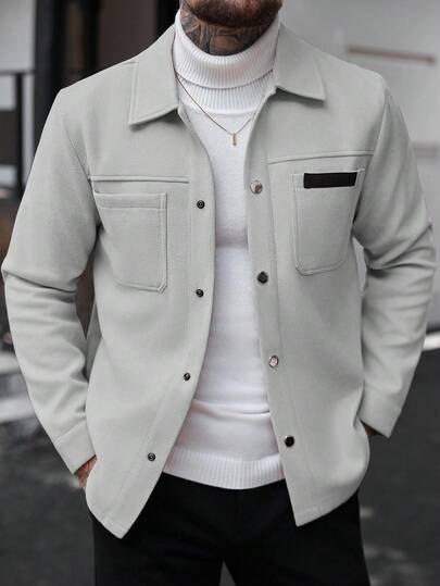 Manfinity CasualCool معطف طويل كاجوال بأكمام طويلة بلون سادة، مناسب للخريف والشتاء، معطف صيفي للرجال، معطف بأزرار رمادي اللون