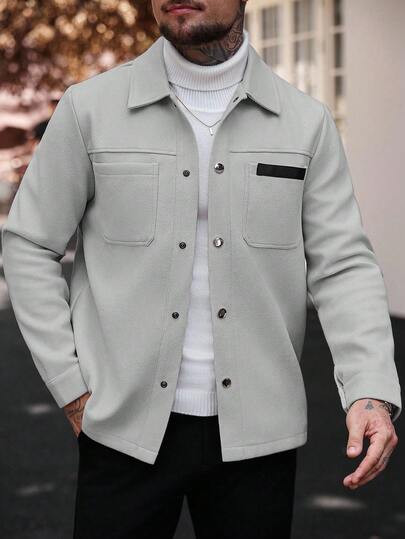 Manfinity CasualCool معطف طويل كاجوال بأكمام طويلة بلون سادة، مناسب للخريف والشتاء، معطف صيفي للرجال، معطف بأزرار رمادي اللون