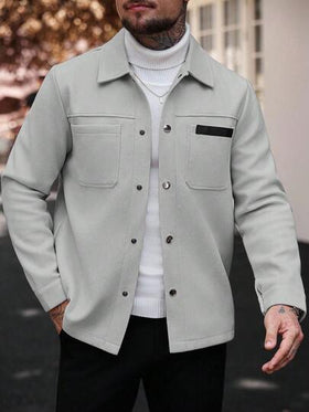 Manfinity CasualCool معطف طويل كاجوال بأكمام طويلة بلون سادة، مناسب للخريف والشتاء، معطف صيفي للرجال، معطف بأزرار رمادي اللون