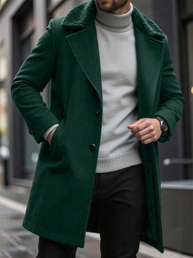 Manfinity Homme معطف طويل بأكمام طويلة وجيب وأزرار أمامية، لون أحادي للرجال، معطف خريفي شتوي للرجال باللون الأخضر