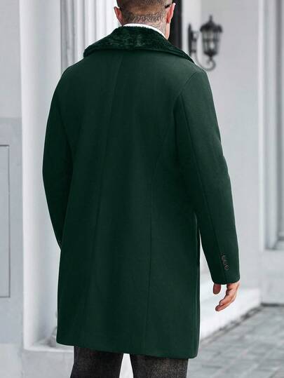 Manfinity Homme معطف طويل بأكمام طويلة وجيب وأزرار أمامية، لون أحادي للرجال، معطف خريفي شتوي للرجال باللون الأخضر